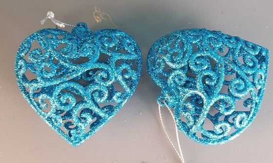 !09 Набор елочных украшений (набор 4 штуки) "Сердце узорное", 5 x 6,5 см, цвет бирюзовый