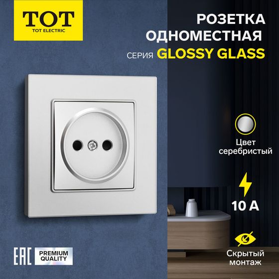 Розетка одноместная TOT Glossy Glass, 10 А, скрытая, без з/к, стекло, серебристая