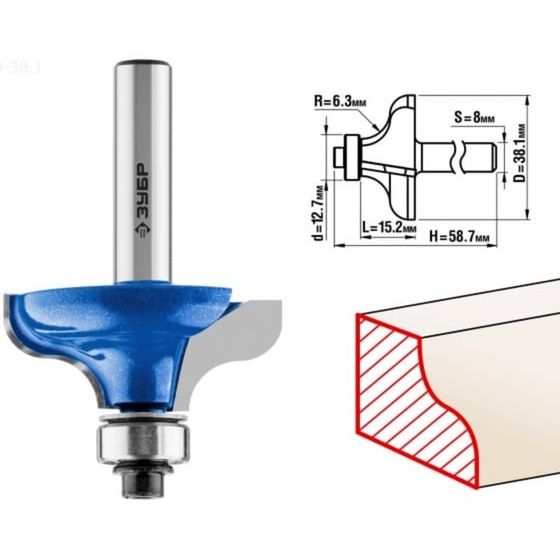 Фреза кромочная ЗУБР 28710-38.1, калевочная №8, R = 6.3 мм, 38.1 x 15 мм
