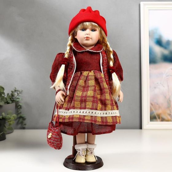 Кукла коллекционная керамика &quot;Марина в бордовом платье в клетку&quot; 40 см