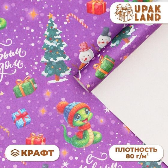 Бумага упаковочная новогодняя &quot;Змейка и снеговики Символ года&quot;, белый крафт, 80 г/м2 , 50 х 70 см