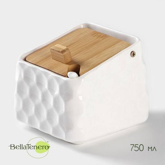 Банка для сыпучих продуктов BellaTenero, 750 мл, 14,5×11 см, с ложкой, с бамбуковой крышкой, фарфор, белая