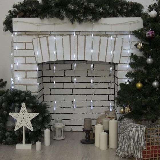 !09 Гирлянда «Занавес» 2.5 x 0.65 м с насадками «Капли», IP20, прозрачная нить, 50 LED, свечение белое, 8 режимов, 220 В