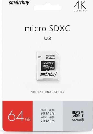 Карта памяти microSDXC 64GB Smartbuy SB64GBSDCL10U3-01 + адаптер