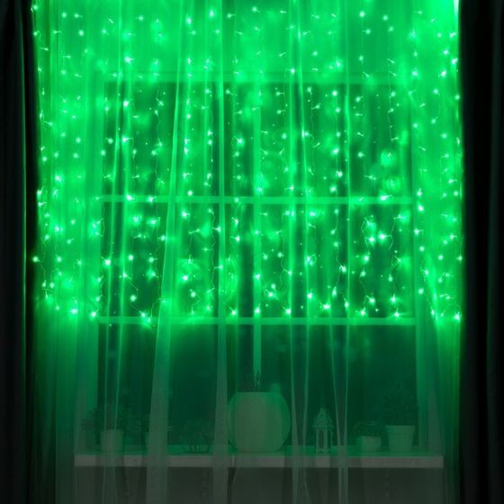 УЦЕНКА Гирлянда «Занавес», 2×1.5 м, IP20, 360 LED, 220 В, 8 режимов, прозрачная нить, свечение зелёное