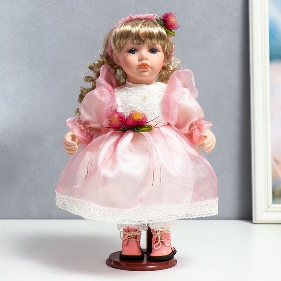 Кукла коллекционная керамика &quot;Флора в бело-розовом платье и лентой на голове&quot; 30 см