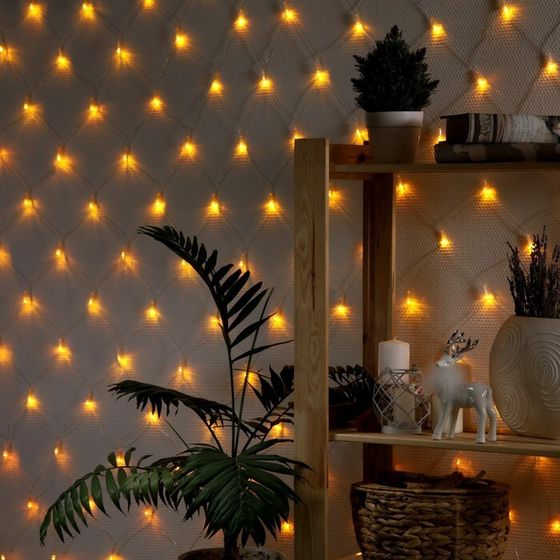 Гирлянда «Сеть» 1.6 × 1.6 м, IP20, прозрачная нить, 144 LED, 8 режимов, 220 В, свечение жёлтое