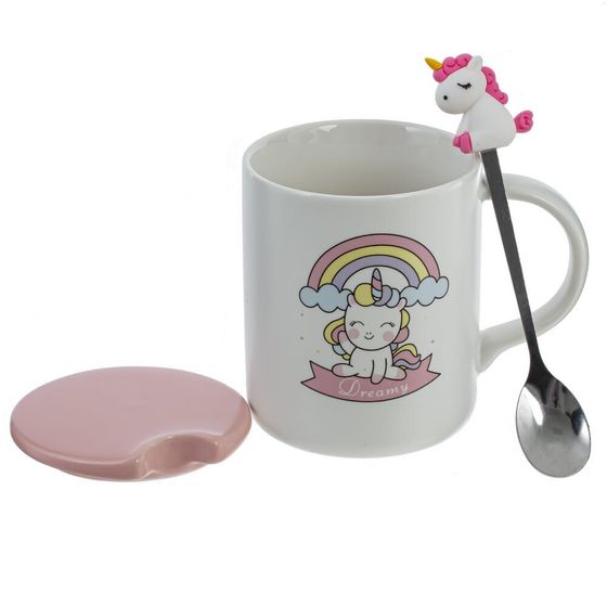 Кружка с крышкой и ложкой, 350 мл, L11,5 W8 H9,5 см, дизайн микс