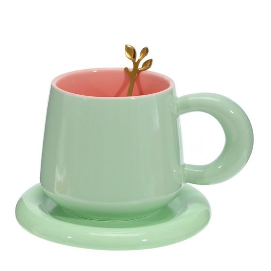 Кружка с блюдцем и ложкой, 300 мл, L16 W13 H10 см, цвет микс
