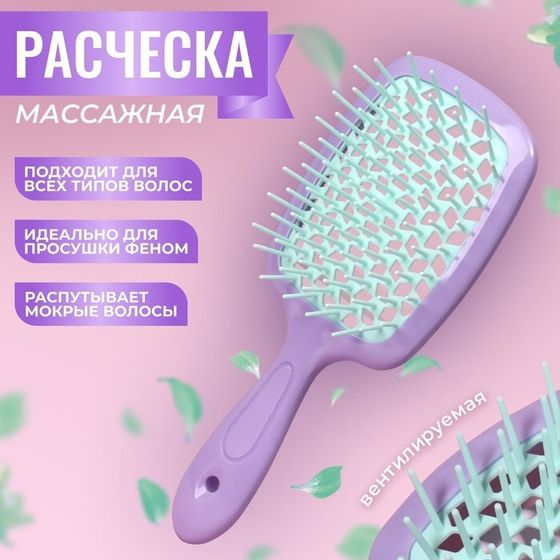 Расчёска массажная, широкая, вентилируемая, 8,5 × 20,5 см, PVC коробка, цвет сиреневый/бирюзовый