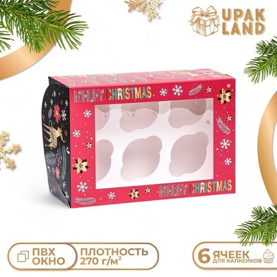 Упаковка на 6 капкейков с окном &quot;Merry Christmas&quot;, 25 х 17 х 10 см