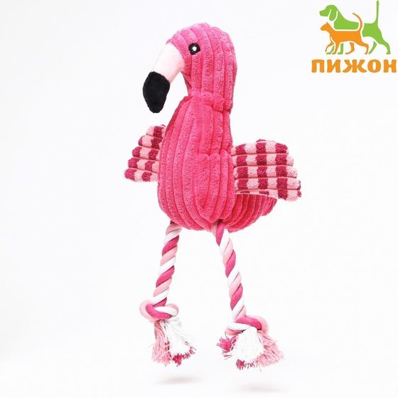 Игрушка мягкая для собак &quot;Фламинго&quot; с пищалкой и канатом, 37 х 16 см, розовая