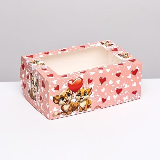 Упаковка на 6 капкейков с окном, розовая с тигренком, 25×17×10 см