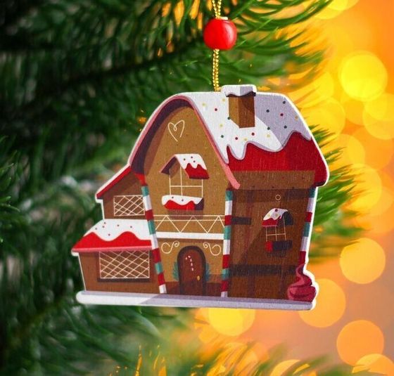 !09 Набор новогодних подвесок(набор 4 штуки):«Валенок с сюрпризом» 7 см. + «Дом пряник» 7 см. + "Елочка" 8,5 см. + «Скандинавский колокольчик» 7 см.дизайн МИКС