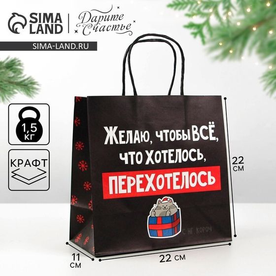 Пакет подарочный новогодний «Чтобы всё хотелось», 22 х 22 х 11 см, Новый год