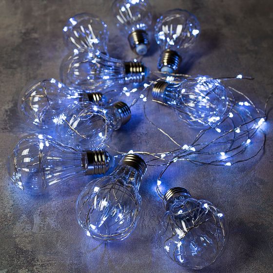 !09 Гирлянда «Нить» 3 м роса с насадками «Лампочки объёмные», IP20, серебристая нить, 100 LED, свечение белое, 3.5 В