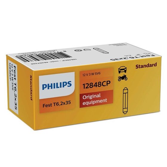 Лампа автомобильная Philips, T6, 12 В, 3 Вт, (SV6-6,2/35), 12848CP