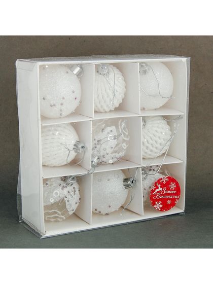 !09 Набор елочных игрушек - Ёлочные игрушки «Снежная изморозь», шары пластиковые, d=6 см, набор 9 шт., белый