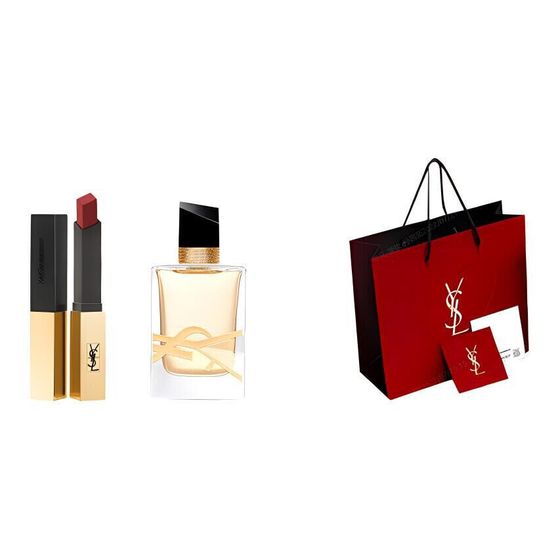 SAINT LAURENT Mini Gold Bar Lipstick+Freedom Water Makeup Sets Easy To Blend Complexion 7.5ml+Red Shopping Bag