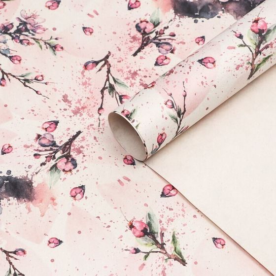 Бумага упаковочная 2 листа , крафт белый &quot;Сакура&quot;, 70х100 см