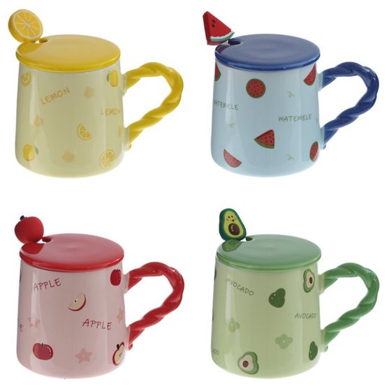 Кружка с крышкой и ложкой, L8,5 W8,5 H9,5 см, цвет микс