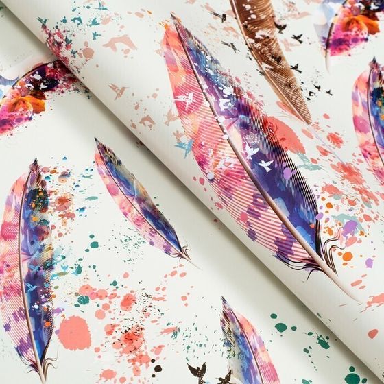 !09 Бумага упаковочная (набор 4 листа) глянцевая, двусторонняя "Перья", рисунок, 100 х 70 см.