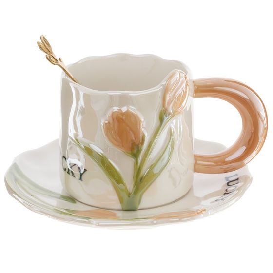 Чашка с блюдцем и ложкой, 240 мл, L15 W15 H7,5 см, дизайн микс