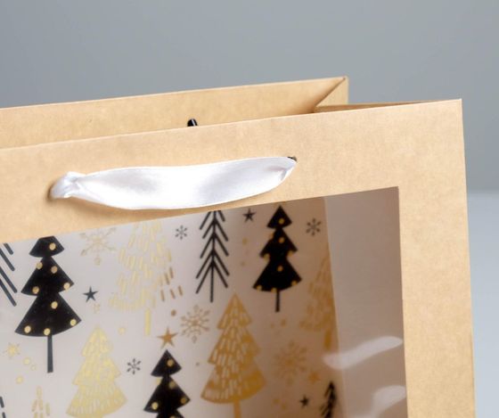 !09 НАБОР 2 ШТУКИ - Пакет крафтовый с PVC окном «Новогодний лес», 24 х 20 х 11 см/