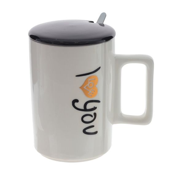 Кружка с крышкой и ложкой, 400 мл, L11 W7,5 H12 см, дизайн микс