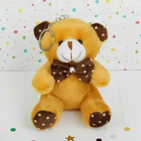 !09 Плюшевый игрушка-брелок «Мишка», бант в горошек, 10 см. цвет коричнево-оранжевый