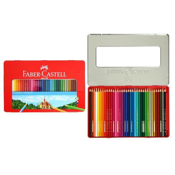 Карандаши 36 цвета Faber-Castell &quot;Замок&quot;, шестигранный корпус, заточенные, в металлическом пенале