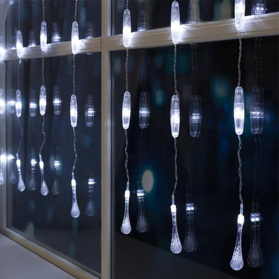 !09 Гирлянда «Занавес» 2.5 x 0.65 м с насадками «Капли», IP20, прозрачная нить, 50 LED, свечение белое, 8 режимов, 220 В